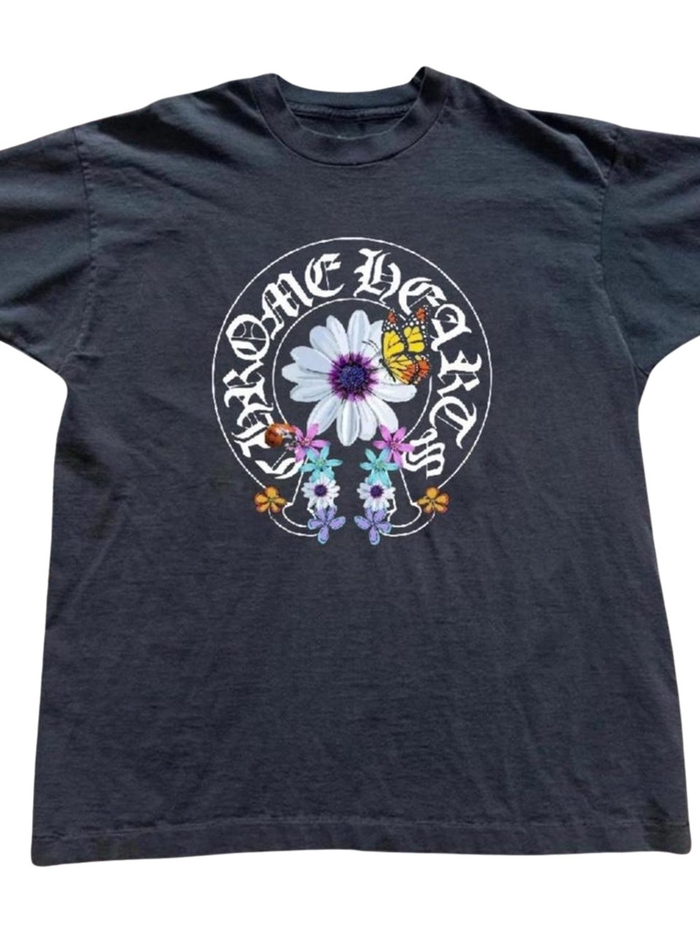 Gildan Black Graphic Tee with Floral and Butterfly Print